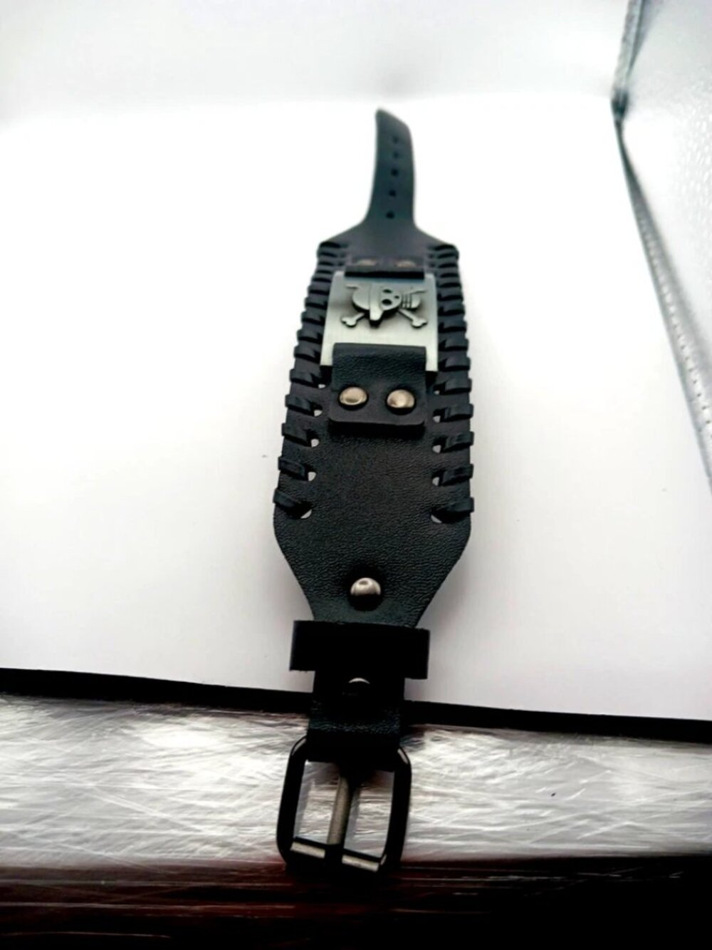 Gothic Skull + Crossbones Braided Black Vegan Leather Bracelet